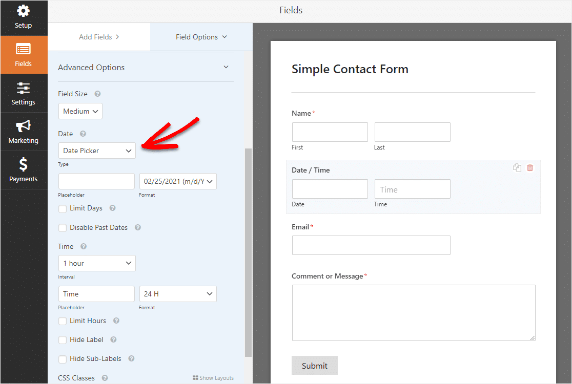 wordpress datetimepicker în acțiune wpforms