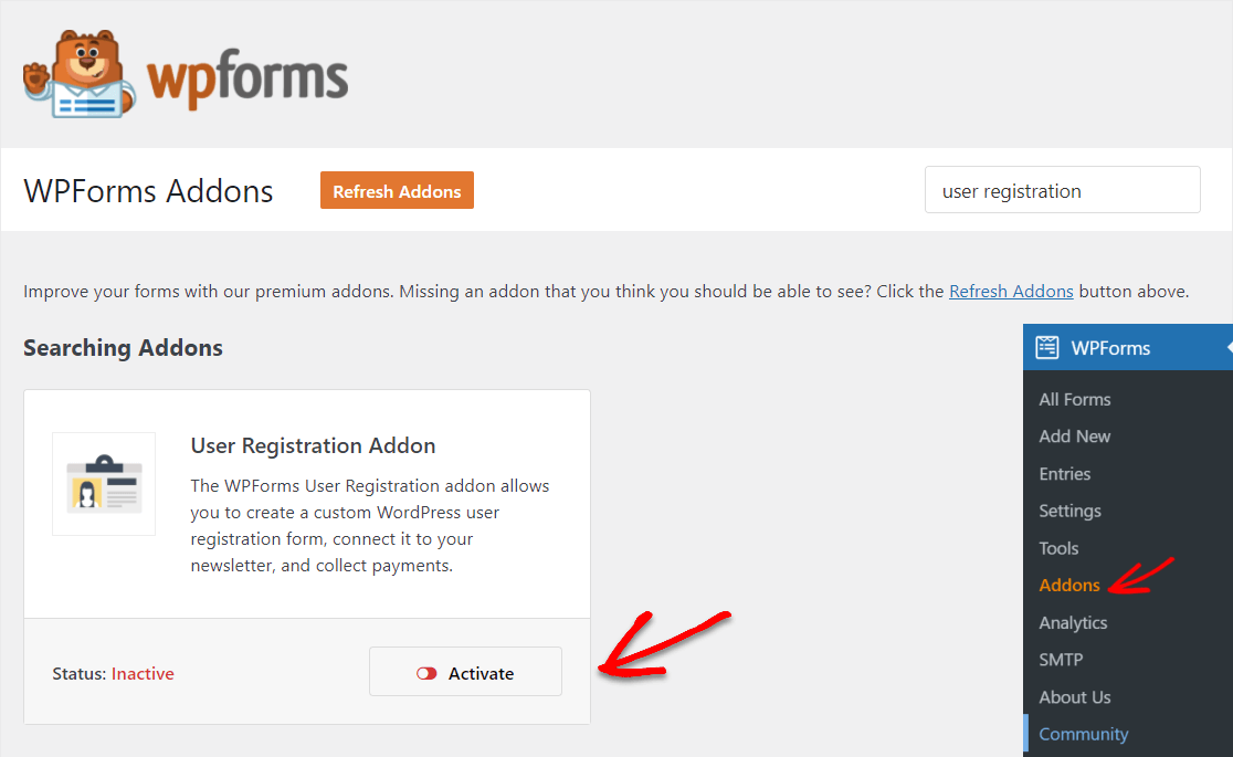 wpforms addon de înregistrare utilizator activat pentru a adăuga la orice pagină wordpress