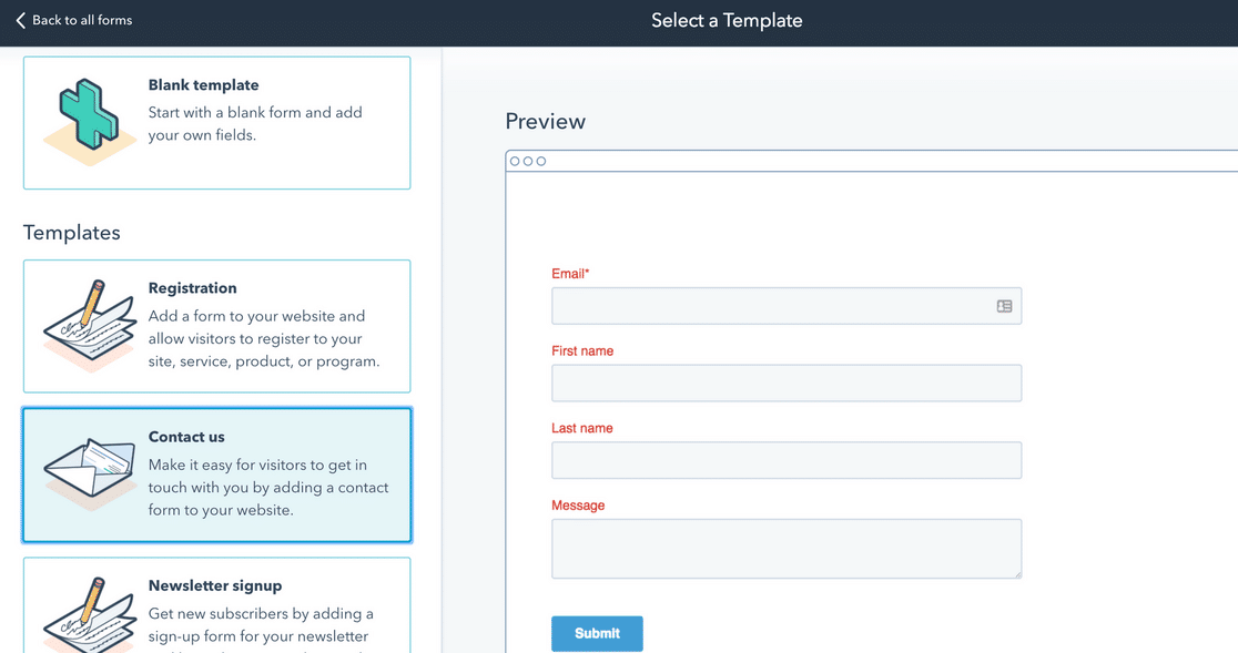 เทมเพลตแบบฟอร์ม hubspot