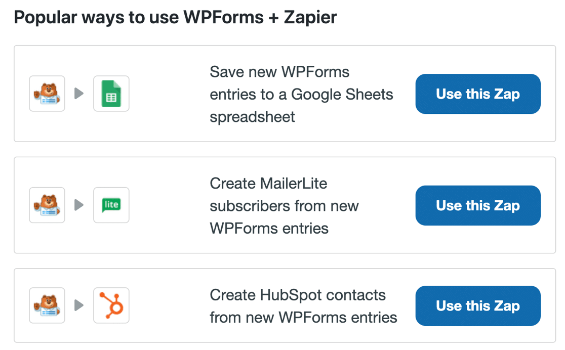 ตัวอย่าง Zapier Zaps ใน WPForms