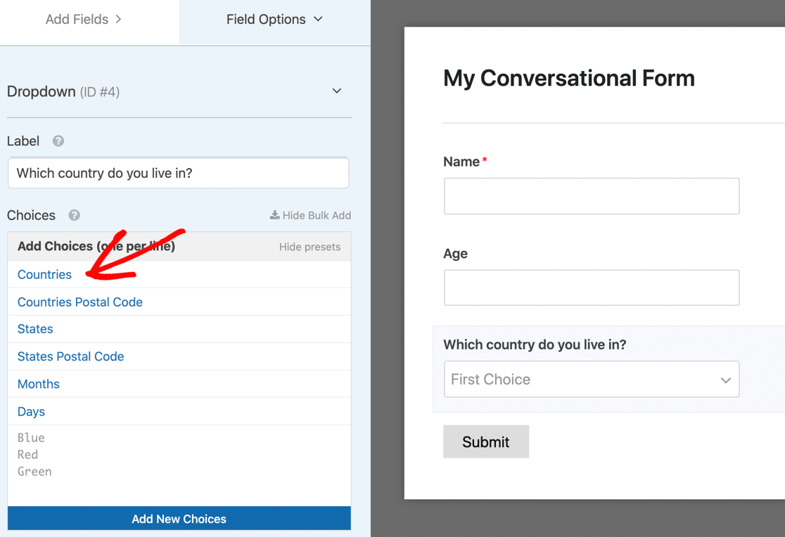 WPForms เพิ่มดรอปดาวน์ประเทศพร้อมรายการที่ตั้งไว้ล่วงหน้า