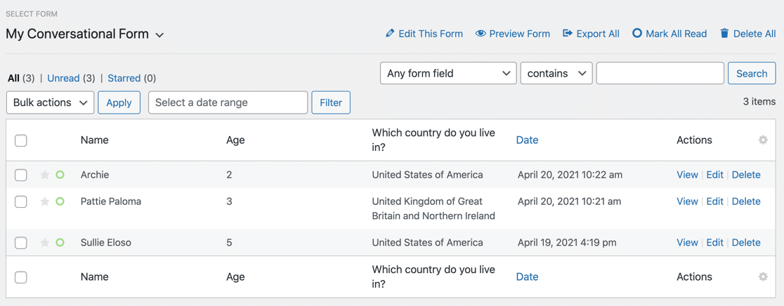 รายการแบบฟอร์มใน WPForms