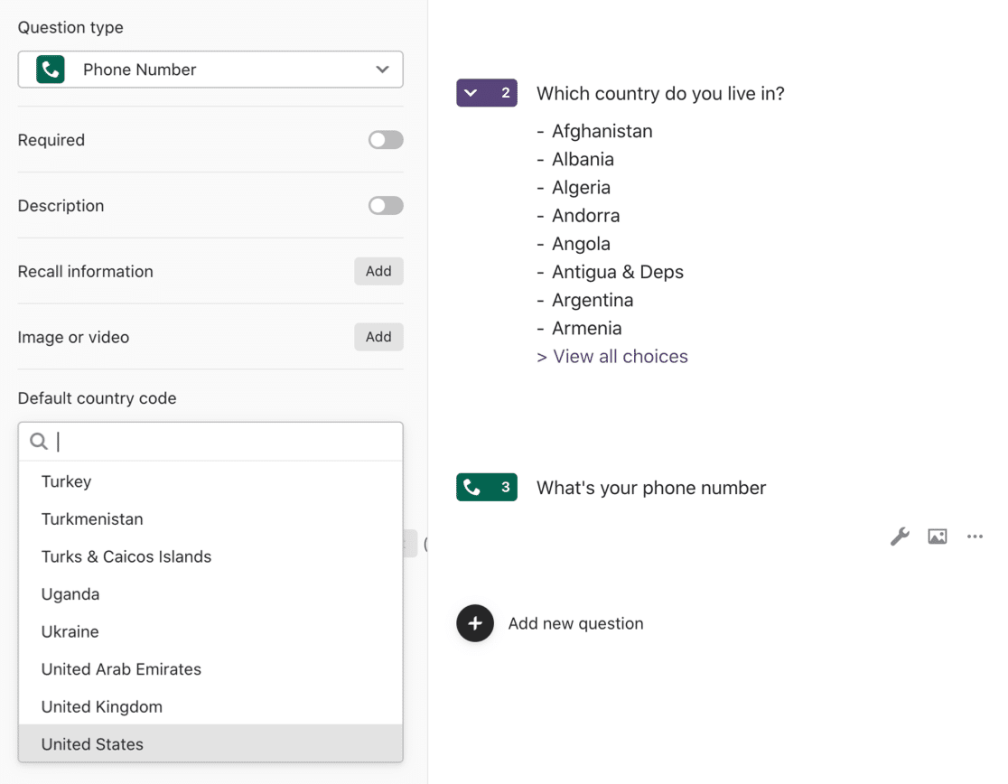 ช่องหมายเลขโทรศัพท์ใน Typeform