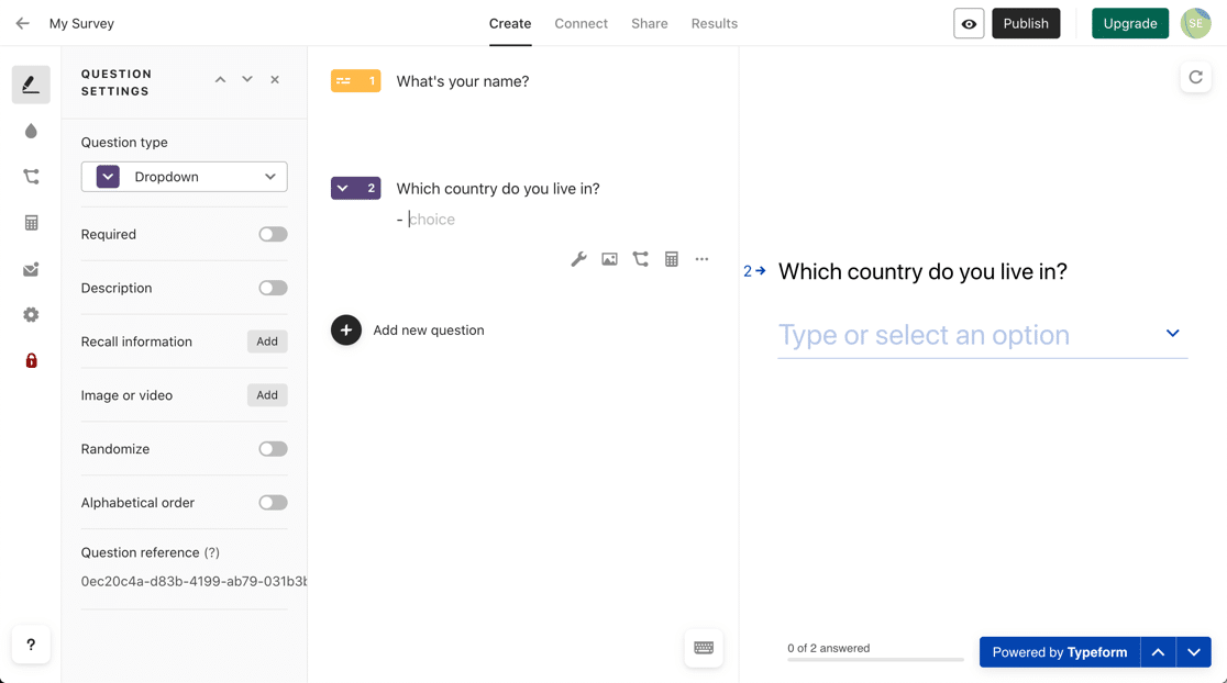 เพิ่มรายการแบบเลื่อนลงใน Typeform