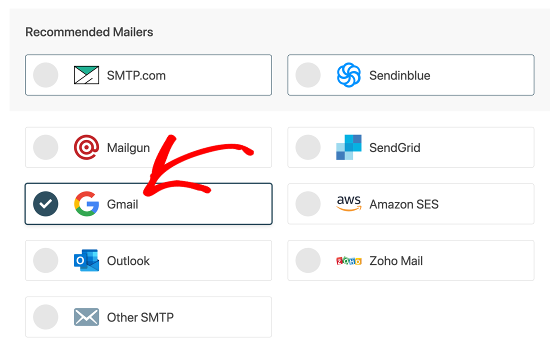 เลือก Gmail ในตัวช่วยสร้างการตั้งค่า WP Mail SMTP