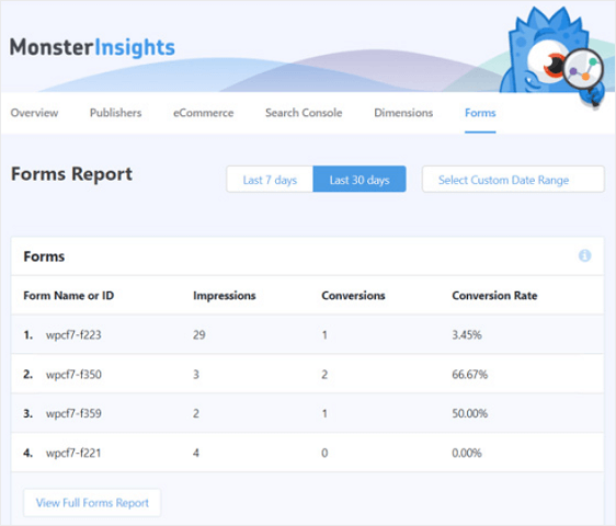 raportul formularelor monsterinsights pentru a urmări traficul site-ului web către WordPress