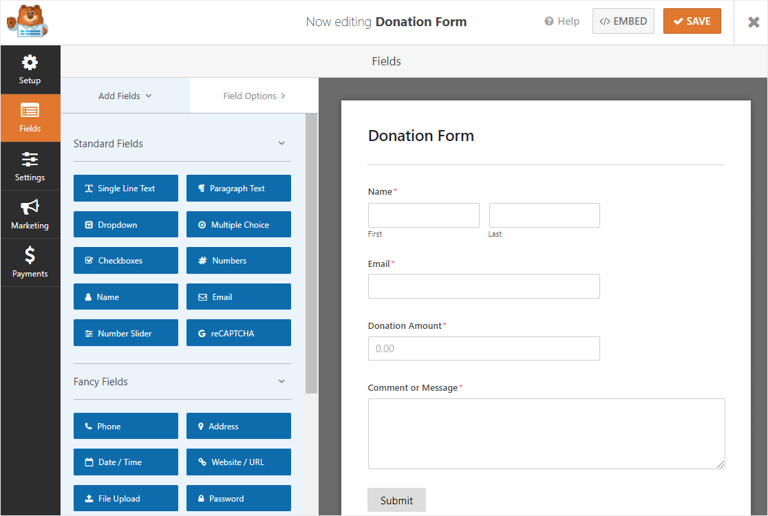 шаблон формы пожертвования wpforms