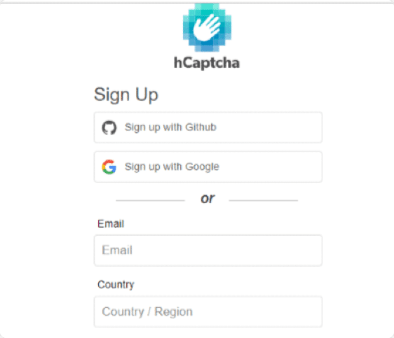 Opções de inscrição de conta para hCaptcha