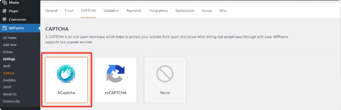 adicionar opção hCaptcha