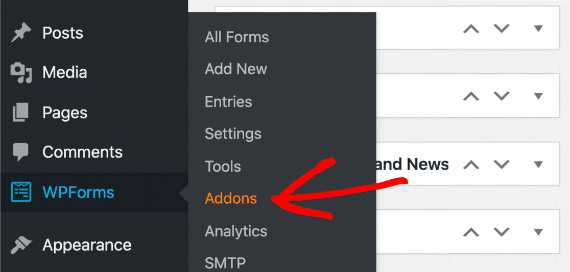 opțiunea addons a WPForms