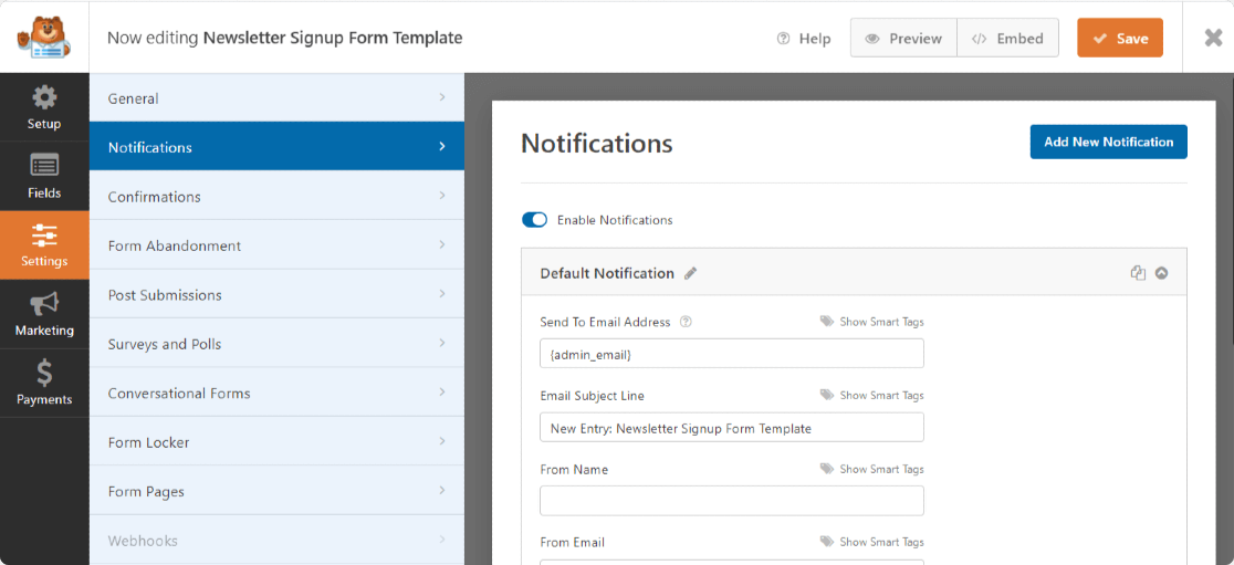 WPForms formează setări de notificare