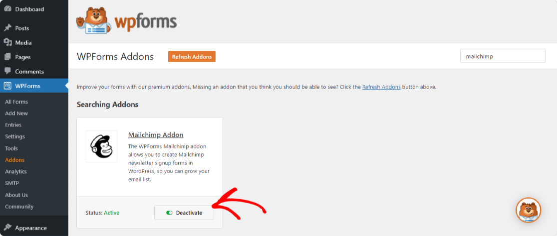 activați wpforms mailchimp addon pentru al utiliza cu wordpress