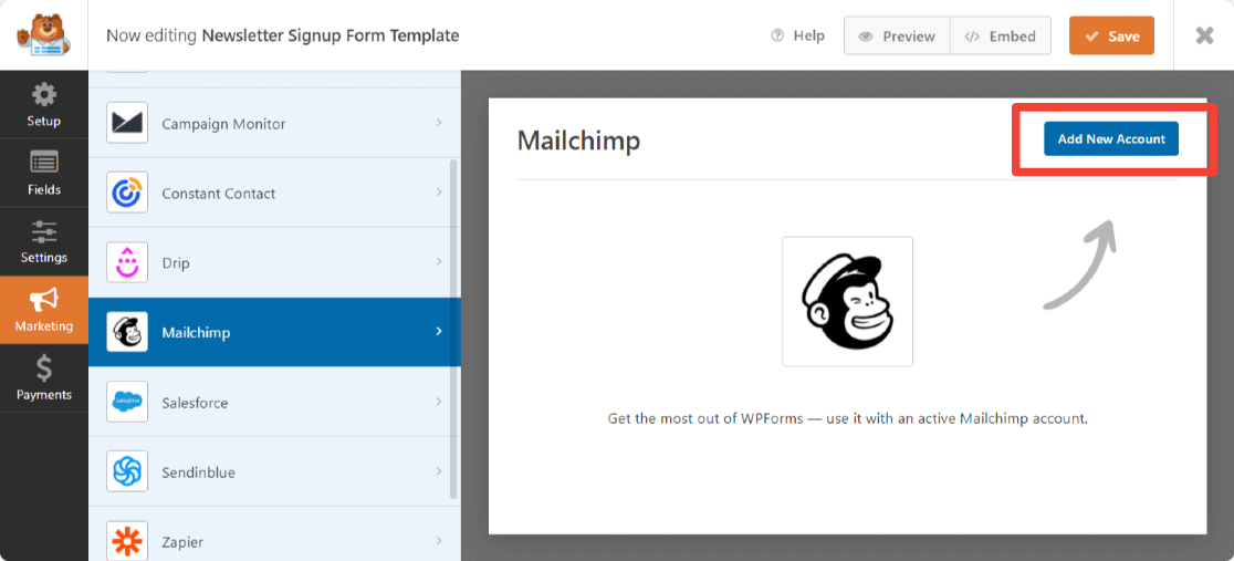 เพิ่มบัญชี mailchimp ใหม่เพื่อสร้างแบบฟอร์มการสมัคร