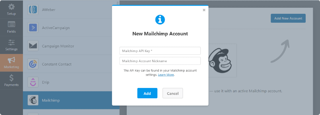 เพิ่มชื่อการเชื่อมต่อและ mailchimp API