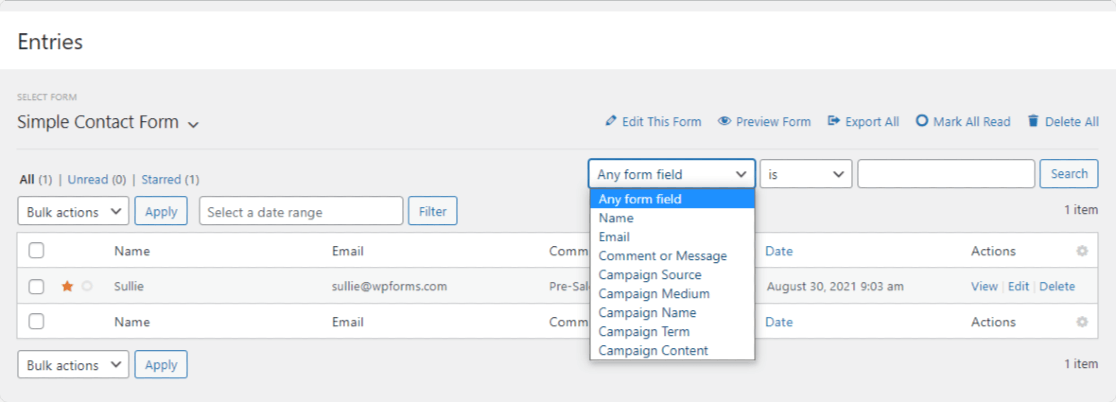 ตัวเลือกการค้นหารายการแบบฟอร์มใน WPForms